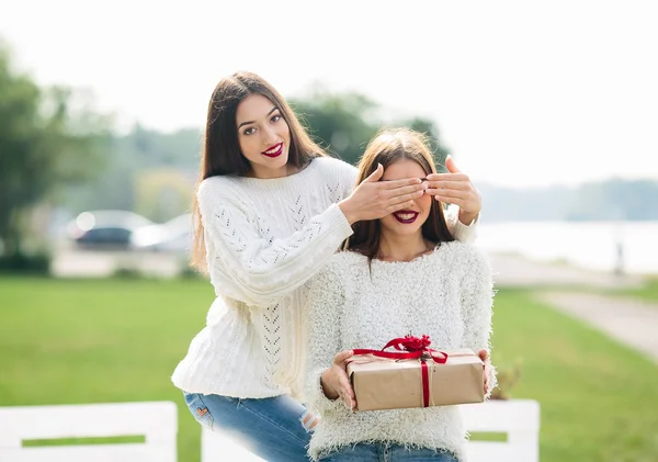Dos hermosas chicas y un regalo — Foto de Stock
