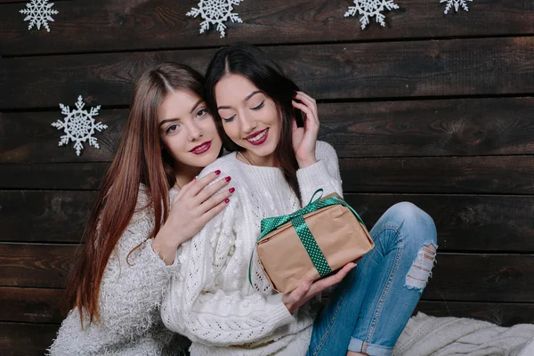 Två vackra flickor vid jul — Stockfoto