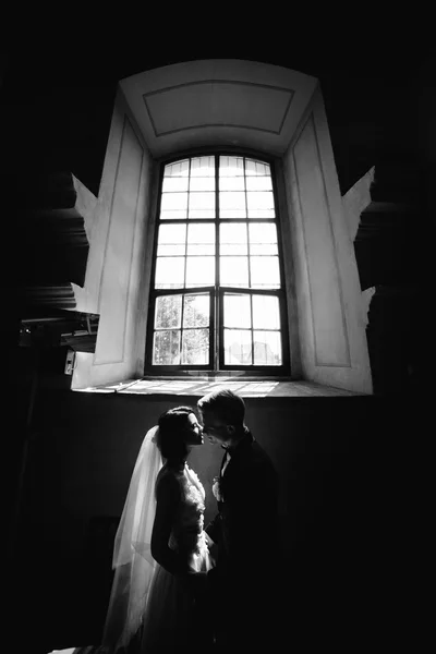 Bride and groom on the background of a window. — Stock Photo, Image