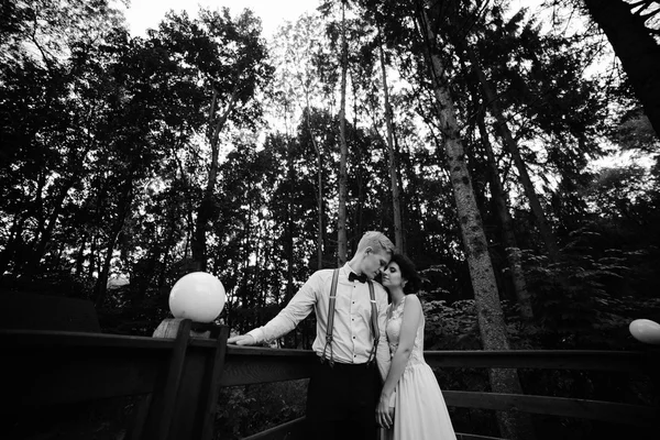 Novia y novio posando en la veranda — Foto de Stock