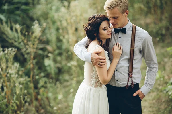 Bräutigam umarmt sanft seine Braut — Stockfoto
