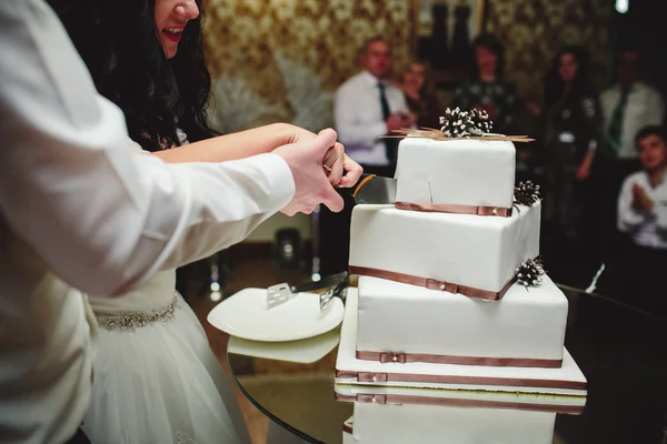 Novia y el novio está cortando pastel — Foto de Stock