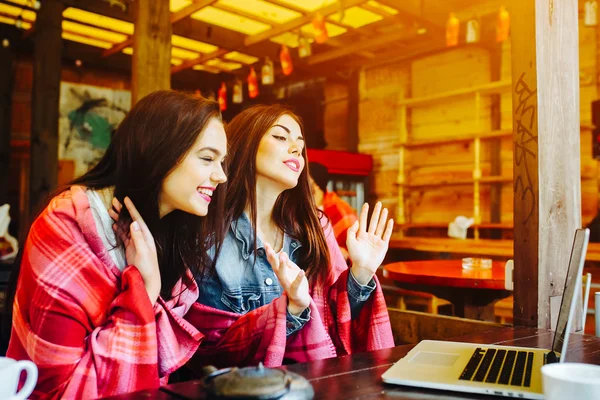 Две девушки что-то смотрят в ноутбуке — стоковое фото