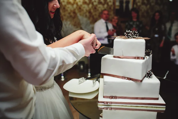 Noiva e noivo está cortando bolo — Fotografia de Stock
