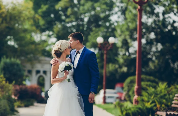 Belo casal de casamento andando — Fotografia de Stock