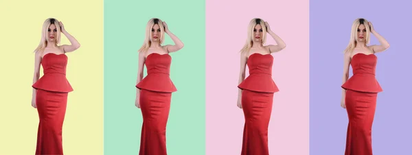 Beautiful fashion model stay in elegant pose, A sexy model in red dress is posing elastically, a cute model staying and looking down lovely