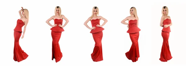 Modelo de moda bonita ficar em pose elegante, um modelo sexy em vestido vermelho está posando elasticamente, um modelo bonito ficar e olhar para baixo adorável — Fotografia de Stock