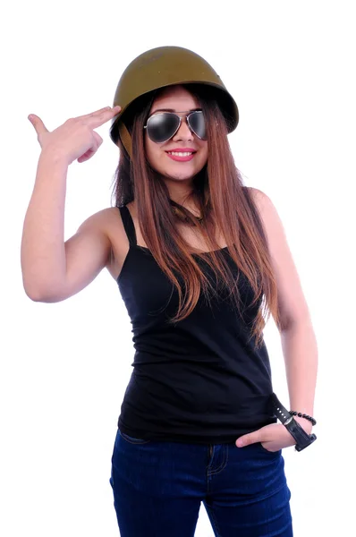 Kız intihar jest mutlu gösteren ve o gösteren silah parmak ile