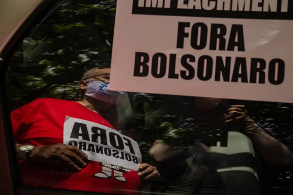Manifestación Pidiendo Destitución Bolsonaro Póster Pegado Vidrio Del Coche Escrito —  Fotos de Stock
