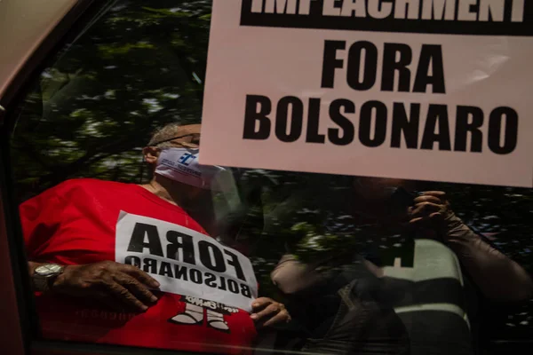 Manifestación Pidiendo Destitución Bolsonaro Póster Pegado Vidrio Del Coche Escrito — Foto de Stock