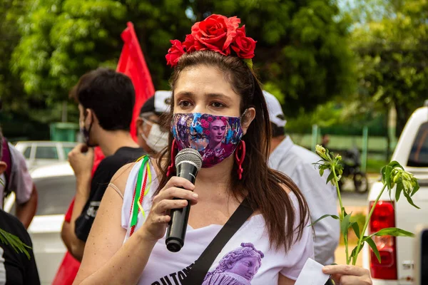 Demonstracja Wzywająca Impeachmentu Bolsonaro Kobieta Kwiatami Włosach Masce Przemawiająca Mikrofonu — Zdjęcie stockowe