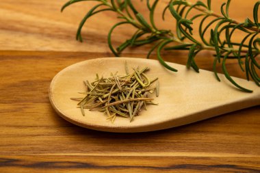  Bir avuç kurutulmuş biberiye ve taze biberiye dalı ile ahşap bir kaşık..