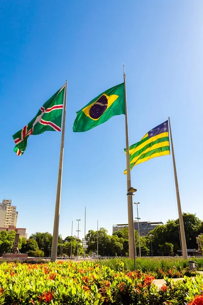 Három Zászló Lobogott Együtt Brazília Zászlója Gois Állam Goinia Városa — Stock Fotó