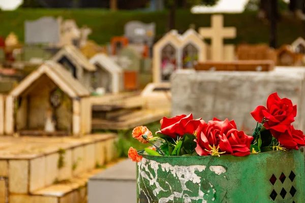 Rote Rosen Auf Einer Müllkippe Auf Einem Friedhof Der Stadt — Stockfoto