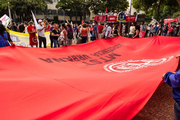 Maszkot Viselő Tüntetők Zászlókkal Plakátokkal Zászlókkal Tiltakozás Fotó Brazil Elnök — Stock Fotó