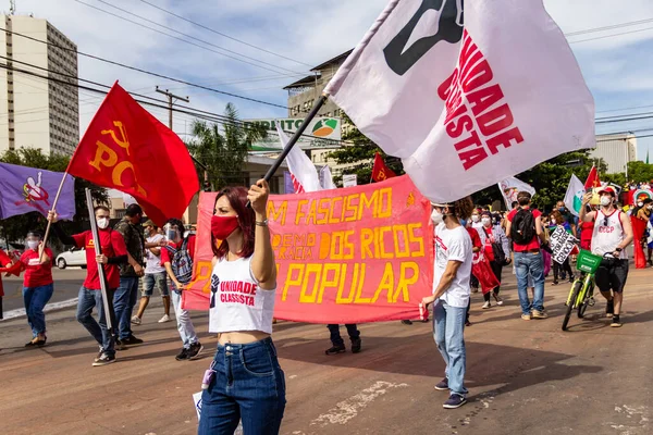 Maszkot Viselő Tüntetők Zászlókkal Plakátokkal Zászlókkal Tiltakozás Fotó Brazil Elnök — Stock Fotó