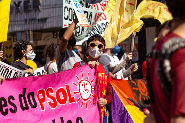 Foto Tirada Durante Protesto Contra Presidente Brasil Bolsonaro Acusado Negligência — Fotografia de Stock