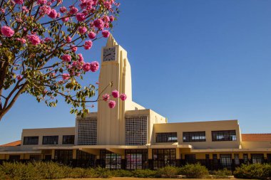 Frei Confaloni Müzesi etrafında pembe sarmaşık çiçekleriyle dolu. Goiania 'daki eski tren istasyonu..