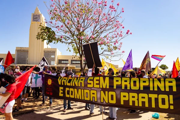Manifestantes Con Carteles Banderas Plaza Del Trabajador Goiania Con Museo —  Fotos de Stock