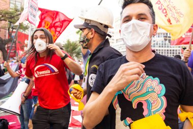 Fotoğraf, Brezilya Cumhurbaşkanı Jair Bolsonaro 'ya karşı düzenlenen bir protesto sırasında çekildi..