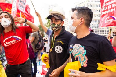 Fotoğraf, Brezilya Cumhurbaşkanı Jair Bolsonaro 'ya karşı düzenlenen bir protesto sırasında çekildi..
