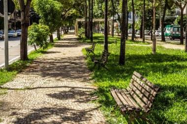 Goiania şehir merkezinde peyzaj. Avenida Goias 'ta taş bir patika ve bitki örtüsü var..