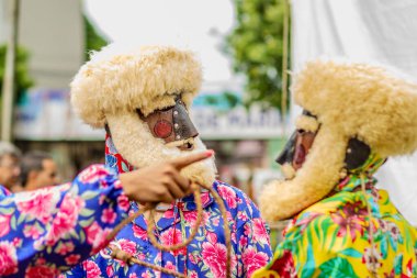 Deri maskeler ve renkli kıyafetler giyen iki 