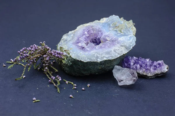 amethyst geode, druse and crystal and heather branch on a dark background
