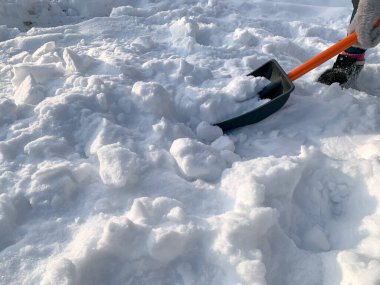 Turuncu saplı siyah bir kar küreği. Yoğun bir kar yağışından sonra kar küreği temizlemek. Karlı kış, fiziksel çalışma.