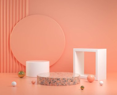 Minimal Soyut Geometrik Podyum ve Turuncu Pastel Arkaplan 3d Render