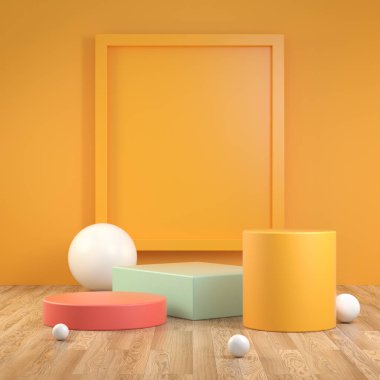 Empty Minimal Geometry Podium Colorful On Wood Oak Floor With Yellow Frame Abstract Background 3d Render clipart