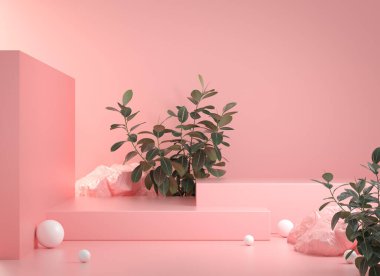 Mockup Minimal Boş Pembe Podyum Adımlı Kaya ve Tropik Bitki Özeti 3d Görüntü Görüntüsü