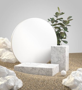Çakıl Kumu Zemininde İki Beyaz Mermer Podyum Soyut Arkaplan 3d Yapılandırma