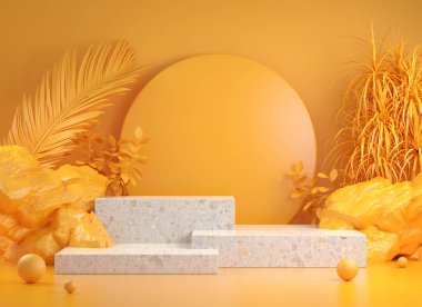 Sarı Tropik Ormanlı Mockup Step Podyumu Soyut Arkaplan 3d Görüntüleme