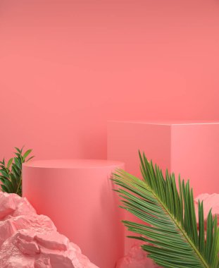 Palm Leaf ve Rock on Pembe Soyut Arkaplan 3d Görünümü Doğal Kavram Şablonu