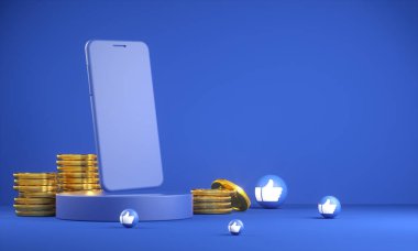 Altın Paralı Mockup Akıllı Telefonu ve Emoji Simgesi 3d Yapılandırması