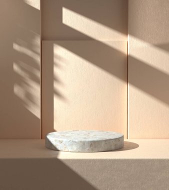Bej Plaster Duvarda Sunshade Shadow ile Asgari Mockup Podyumu 3d Özgeçmiş Çizimi