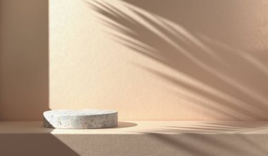 Asgari Mockup Boş Taş Podyumu. Beton Duvarda Gölge Palmiye Yaprağı. Soyut Arkaplan 3D