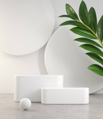 Çimento zeminine kurulmuş boş minimum beyaz podyum ve özet 3d özgeçmiş oluşturma