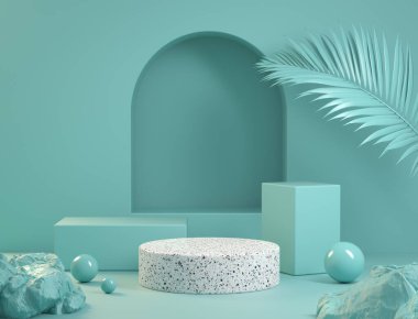 Palmiye Yaprağı ve Kaya Kavramı Özgün Arkaplan 3 boyutlu Model Mavi Platform