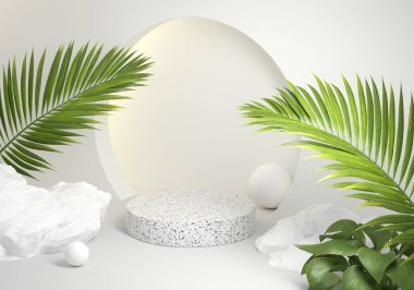 Modern Minimal Beyaz Terrazzo Podyumu Tünel ve Tropik Orman Konsepti Soyut Arkaplan 3d