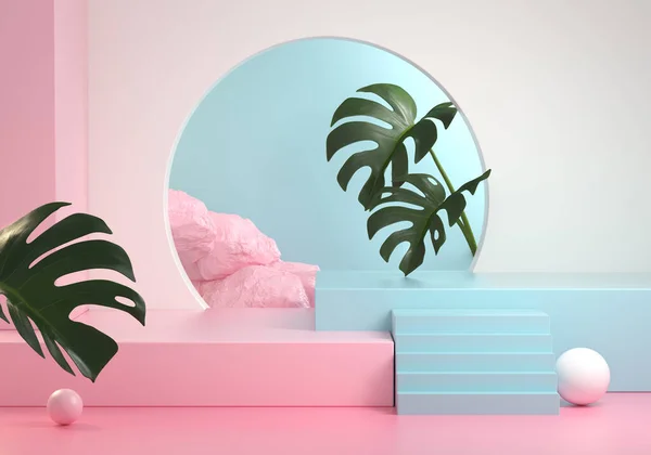 Moderne Mockup Stap Podium Roze Blauw Pastel Met Natuurlijke Monstera — Stockfoto