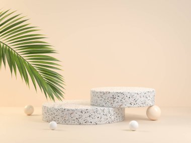 Minimum Geometri Temel Ürün Standı Bej arka planda Yeşil Palmiye Yaprağı 3d Render