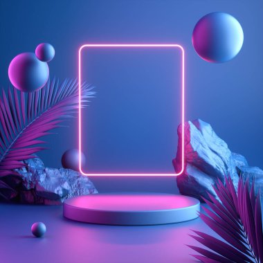 Neon Elektrik Işığı ve Doğal Konsept Özet 3d Render ile Boş Modern Sahne Görüntüsü