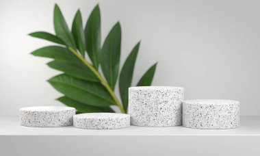 Yeşil Bitki Bulanık Arkaplanlı Modern Minimal Beyaz Terrazzo Kürsü Set Koleksiyonu