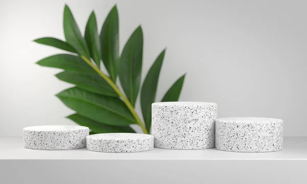 Minimal White Terrazzo Podium Set Collection Green Plant Blur Background — 스톡 사진