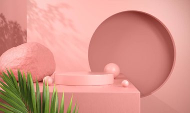 Asgari Pembe Podyum Palmiye Yaprağı Özeti 3d Yapılandırmalı Doğal Konsept