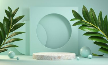 Darphane Özeti 3d Render Üzerinde Tropik Branş Bitkisi ile Boş Modern Asgari Ekran Standı