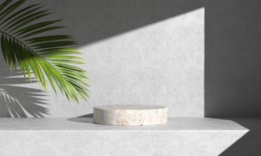 Mockup Minimal Shelves Podium For Presentation Product With Palm Leaf And Sunlight 3d Render