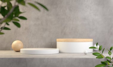 Soyut Beyaz ve Ahşap Gösterim Podyumu, Gösteri Ürünleri, Beton Çimento Arkaplan, Görüntü Önplanı, 3D